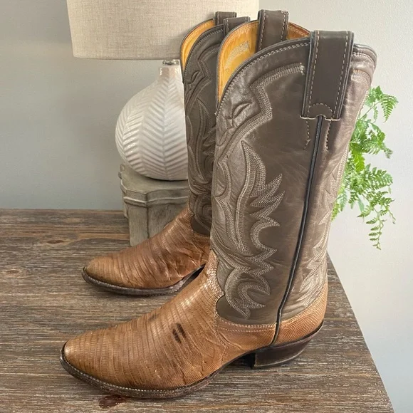 Vtg Justin Lizard Western Cowboy Boots Mens 9 D Brown Tan - Picture 3 of 15